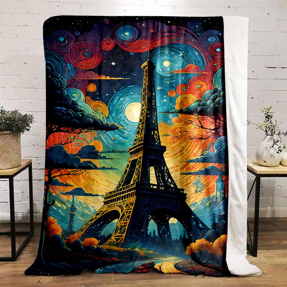 The Eiffel Tower with vivid swirling skies in a Van Gogh-inspired style. for all seasons blanket lunch break throw gift