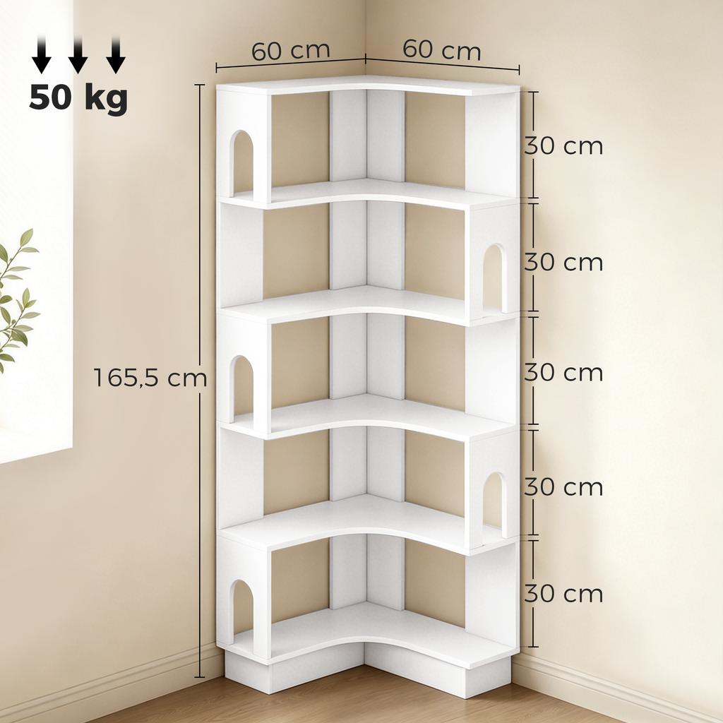 Estante de canto, prateleira de 6 níveis com painéis laterais arqueados, 60 x 60 x 165,5 cm, branco