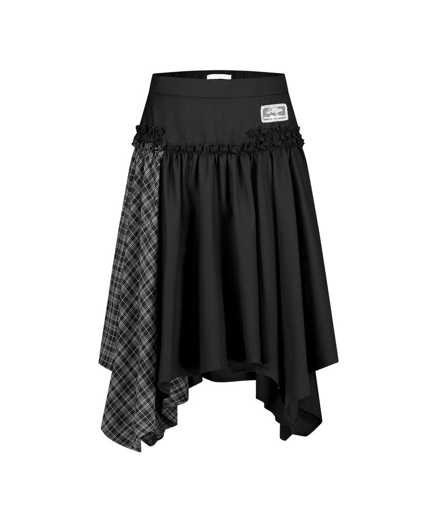 Iligo Check Color Block Midi Skirt Black