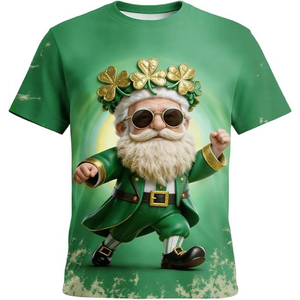 Men's Fashion Short-Sleeve Crew Neck Top 3D Printed Lucky Four-Leaf Clover Green T-Shirt