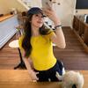American front shoulder slim trendy top women's design sense niche new summer solid color fashion short-sleeved t-shirt