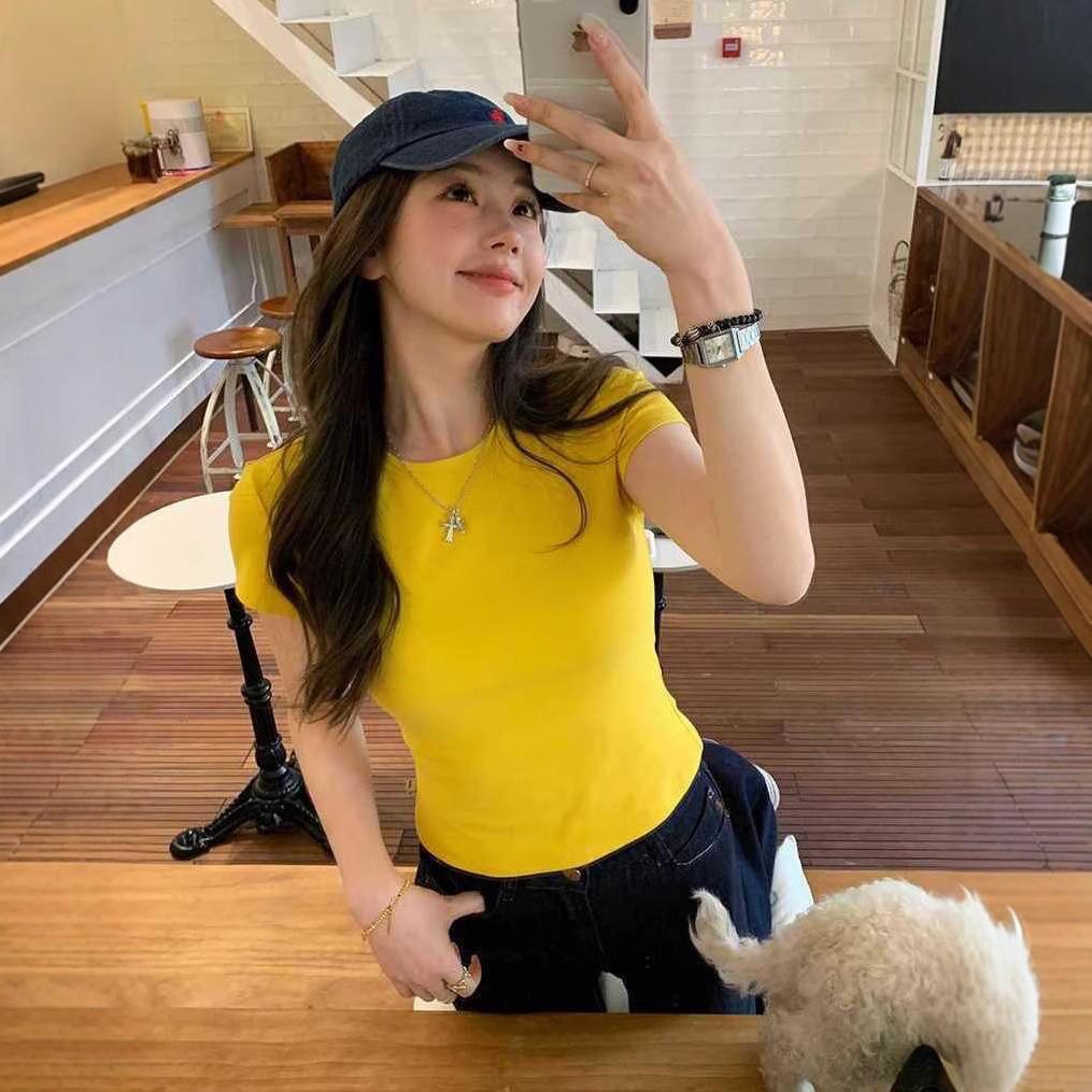 American front shoulder slim trendy top women's design sense niche new summer solid color fashion short-sleeved t-shirt