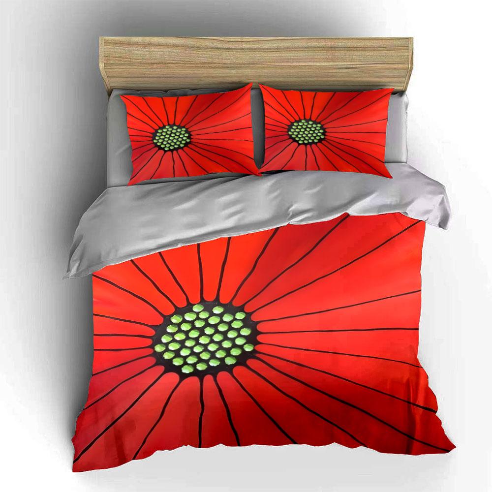 "Red Flower Art Set Decor" Bedding Set with 1 Duvet Cover 2 Pillowcases Single Double King Queen, Gift