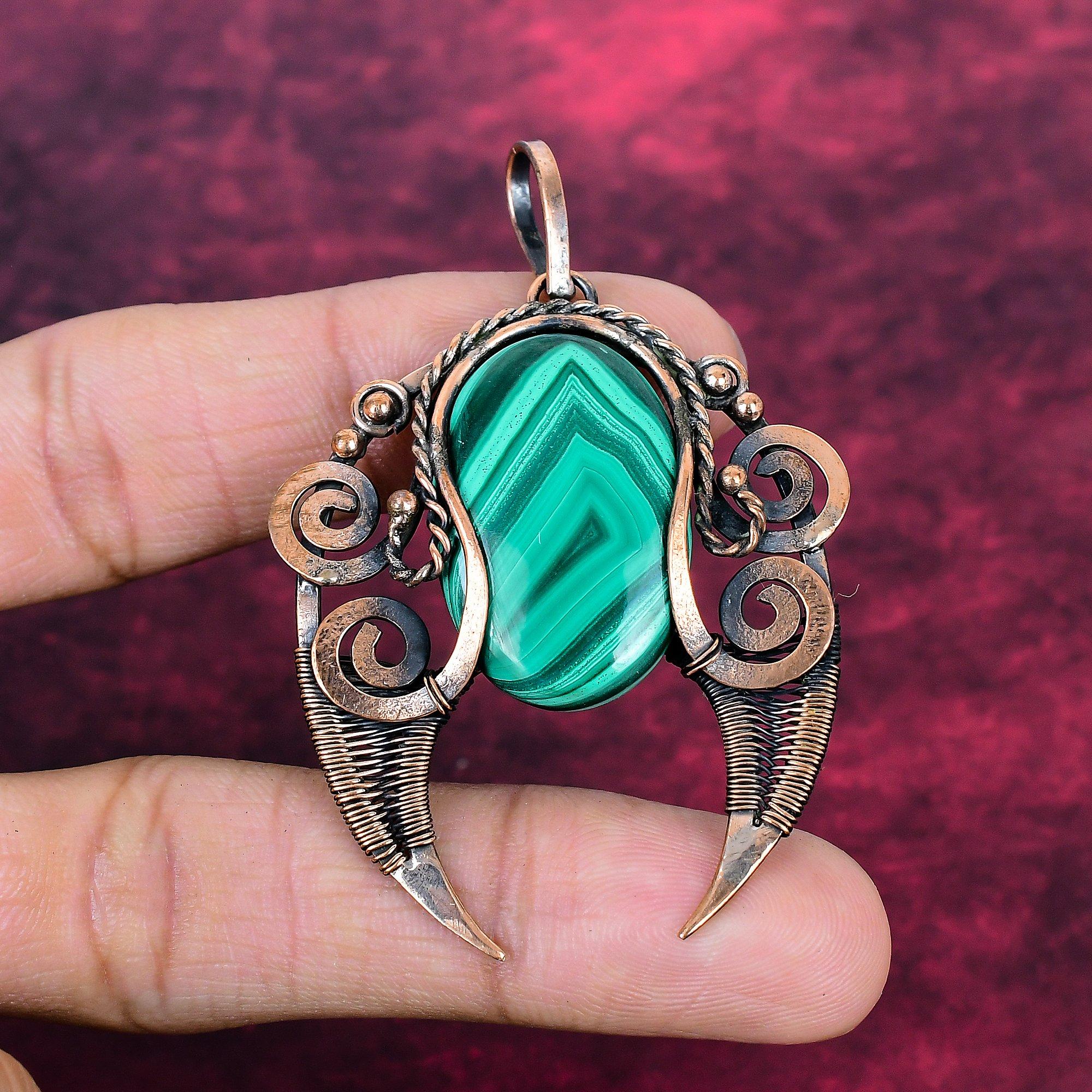 Malachite Pendant Genuine Gemstone Jewelry Copper Wire Wrapped Handmade Pendant