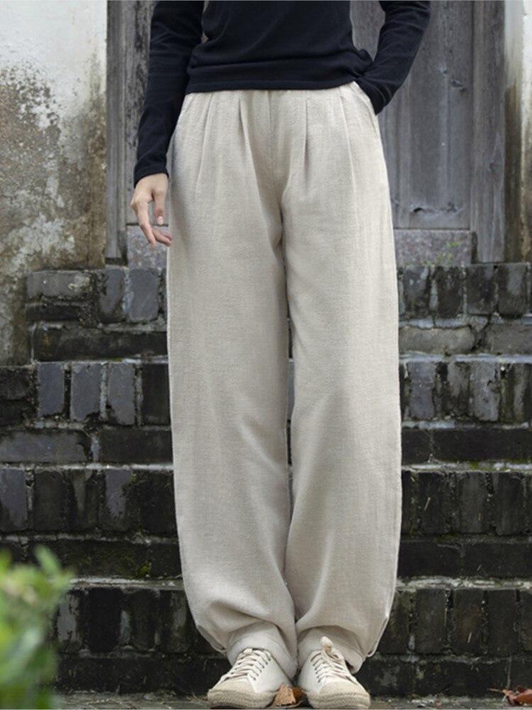 Women Ramie Vintage Thick Warm Pants Autumn Solid Color Elastic Waist Loose Long Pants with Pockets