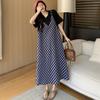 DIMANAF 2025 Summer Plus Size Dress Women Casual Vintage Plaid Dress Basic Long Elegant Loose Fake Two-Piece Dress