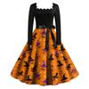 Women Vintage Long Sleeve Square Neck Dress Halloween Party Printed Full Skirt Retro Style Midi Dress with Waist Tie