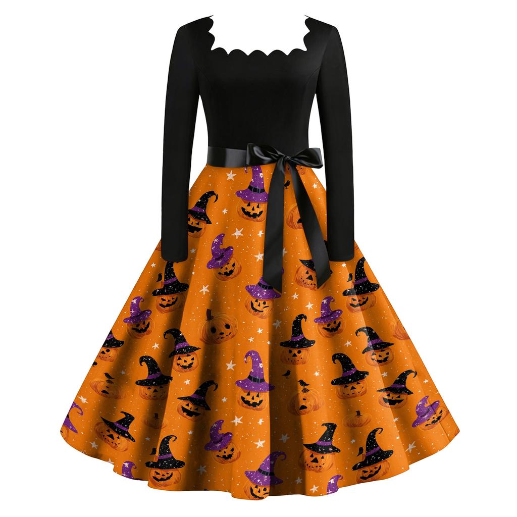Women Vintage Long Sleeve Square Neck Dress Halloween Party Printed Full Skirt Retro Style Midi Dress with Waist Tie