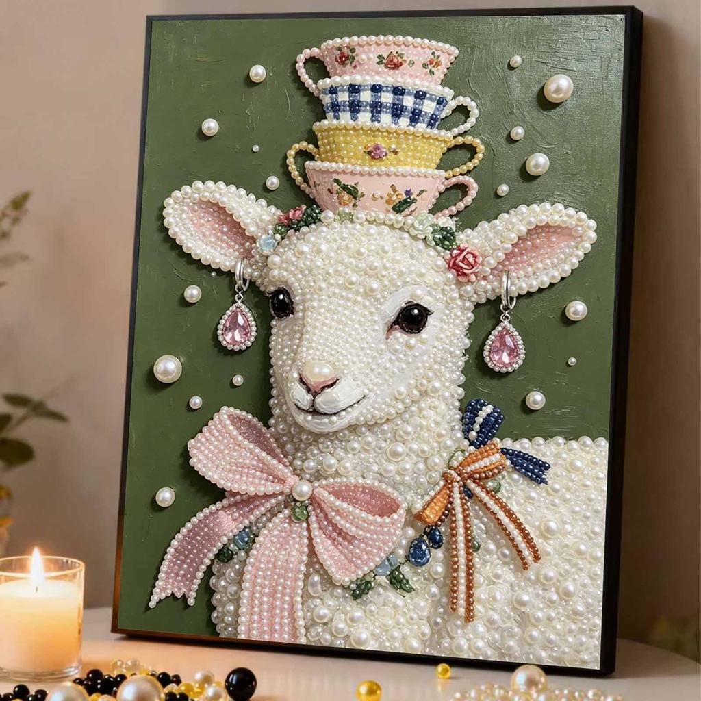 Relaxing DIY Pearl Painting Kit Framed with Lamb Tea Cup Design 5D Sparkling Bead Canvas Craft for Girls Bedroom Decor Holiday Gift