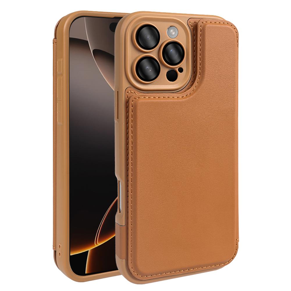 

For iPhone 16 Pro Magnetic Case RCS Eco Friendly Flip Phone Cover with Kickstand RFID Blocking Brown