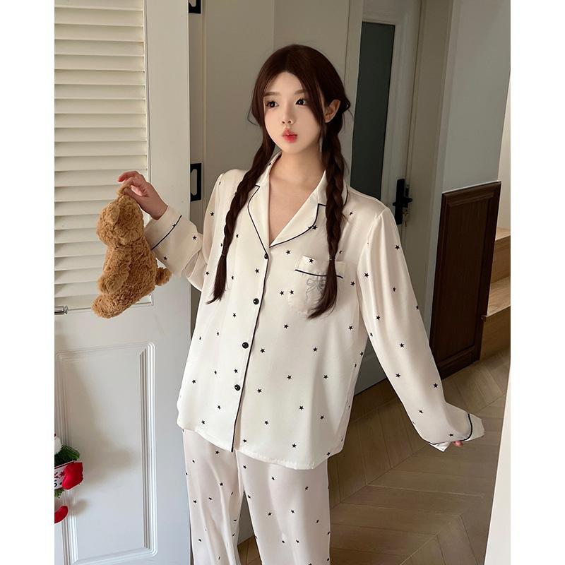 Hot Diamond Stars Korean Style Sweet Ladies Pajamas Early Spring Ice Silk Long Sleeves Warm and Comfortable Loungewear