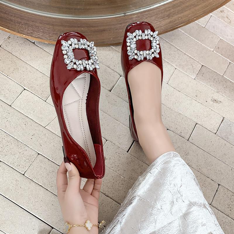 Fashion 2025 Light Women's Shoes Round Toe Women's Flats Daily Dress Flats Women Crystal Square Button Slip On Soft Bottom Ladies Shoes
