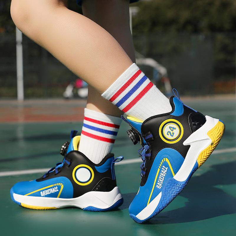 Brand Kids Basketball Shoes Rotary Buckle Design Boys Sneakers High Top Non-slip Leather Children Sports Shoes tênis de basquete