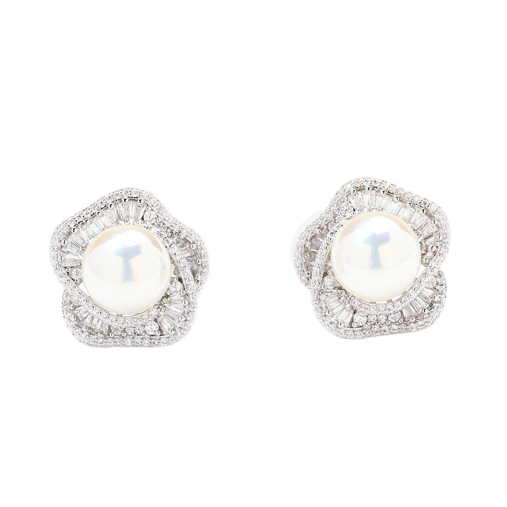 Exquisite and Elegant Diamond-set Rose Earrings, Temperament Versatile Pearl Earrings, Pierless Triangular Ear Clips, Women's Earrings.
