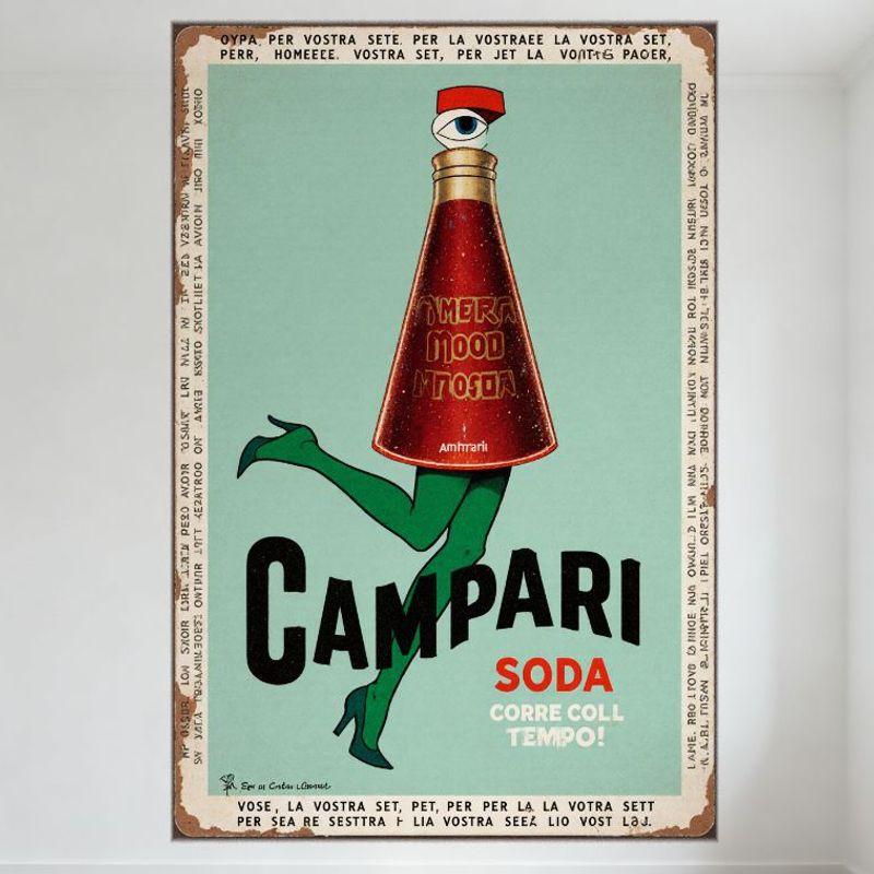 

Vintage Campari Soda Metal Tin Sign, Anthropomorphic Bottle Design, Italian Text, Retro Distressed Edge, Home Bar Man Cave Decor 20x30cm（7.8x11.8inch）
