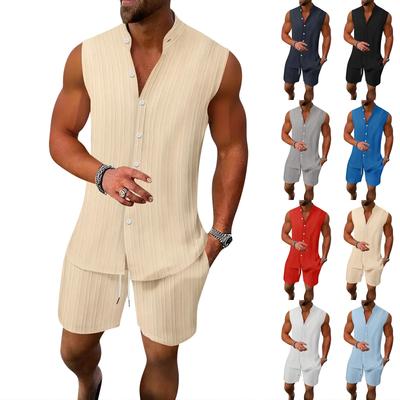 Men Sleeveless Button Down Shirt Vest and Shorts Set Lightweight Casual Summer Beachwear Two Piece Outfit for Outdoor Activities