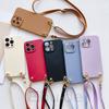 Leather Strap Liquid Silicone Case for iPhone 15 14 Pro Max 13 12 Mini 11 Pro X XR XS 7 8 Plus Soft Crossbody Lanyard Cord Cover
