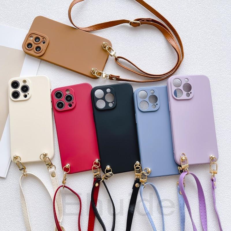 Leather Lanyard Case for Samsung Galaxy S24 S23 Ultra S22 S21 Plus S20 FE Note 20 A54 A14 Crossbody Strap Liquid Silicone Cover