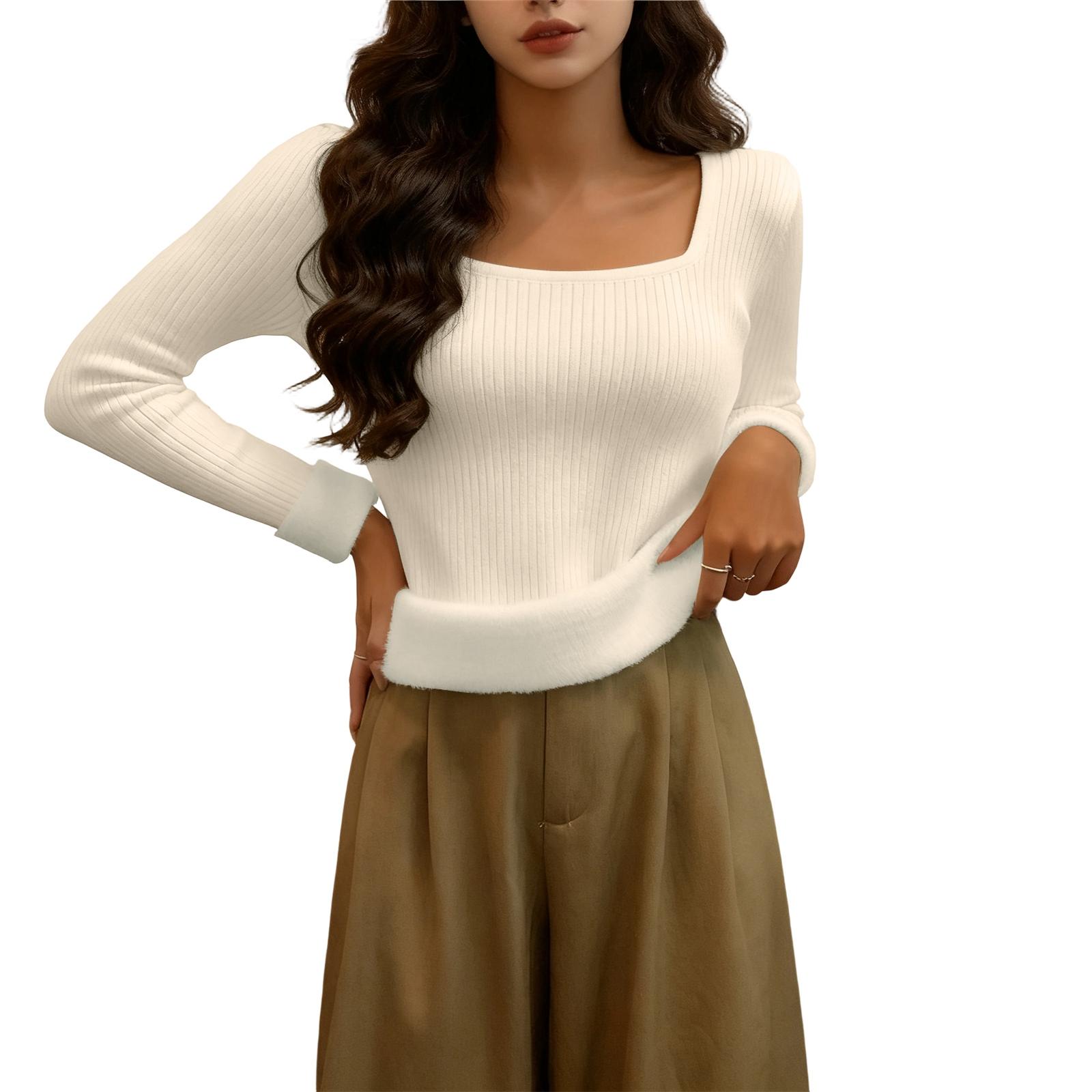

Women s Fashionable And Casual Solid Color Long Sleeve Fleece Lined Base Layer Top One Size бежевий