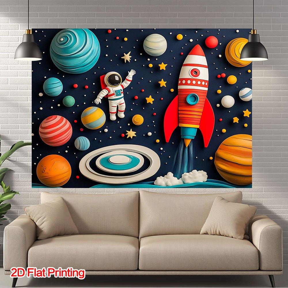 2D Flat Banner, 1 piece printed with astronaut and space rocket, made of polyester fabric.XY