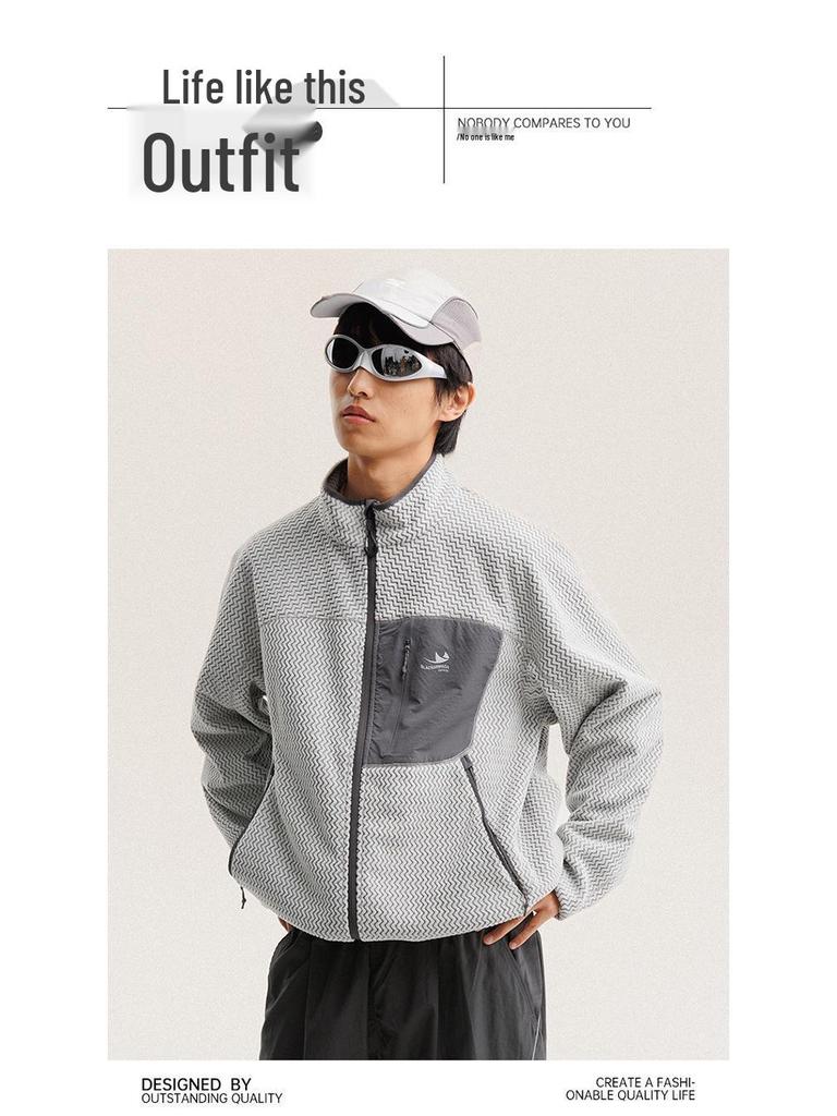 Unisex Outdoor Color Block Fleece Hiking Jacket with Stand Collar
