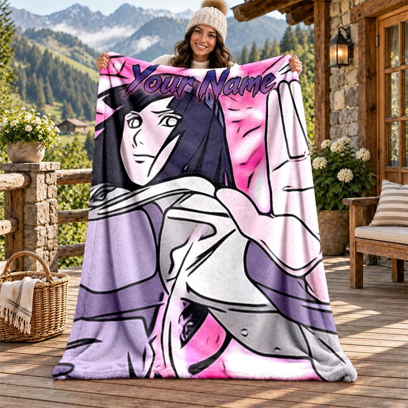 Hyuga Hinata Custom Name Flannel Blanket Personalized Soft Warm Plush Throw Blanket Customized Gift for Family Friends