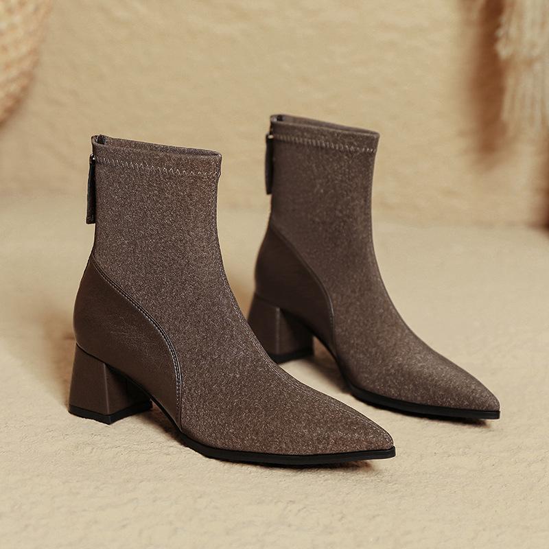 Pointed Short Boots Women's Thick Heel 2025 New Autumn and Winter Soft Leather High Heel Thin Boots Medium Boots French Small Short Boots