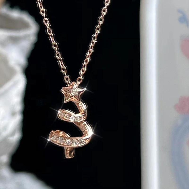 Full Rhinestone Christmas Tree Snowflake Pendant Necklace For Women Exquisite Zircon Star Sweater Collarbone Chain Jewelry