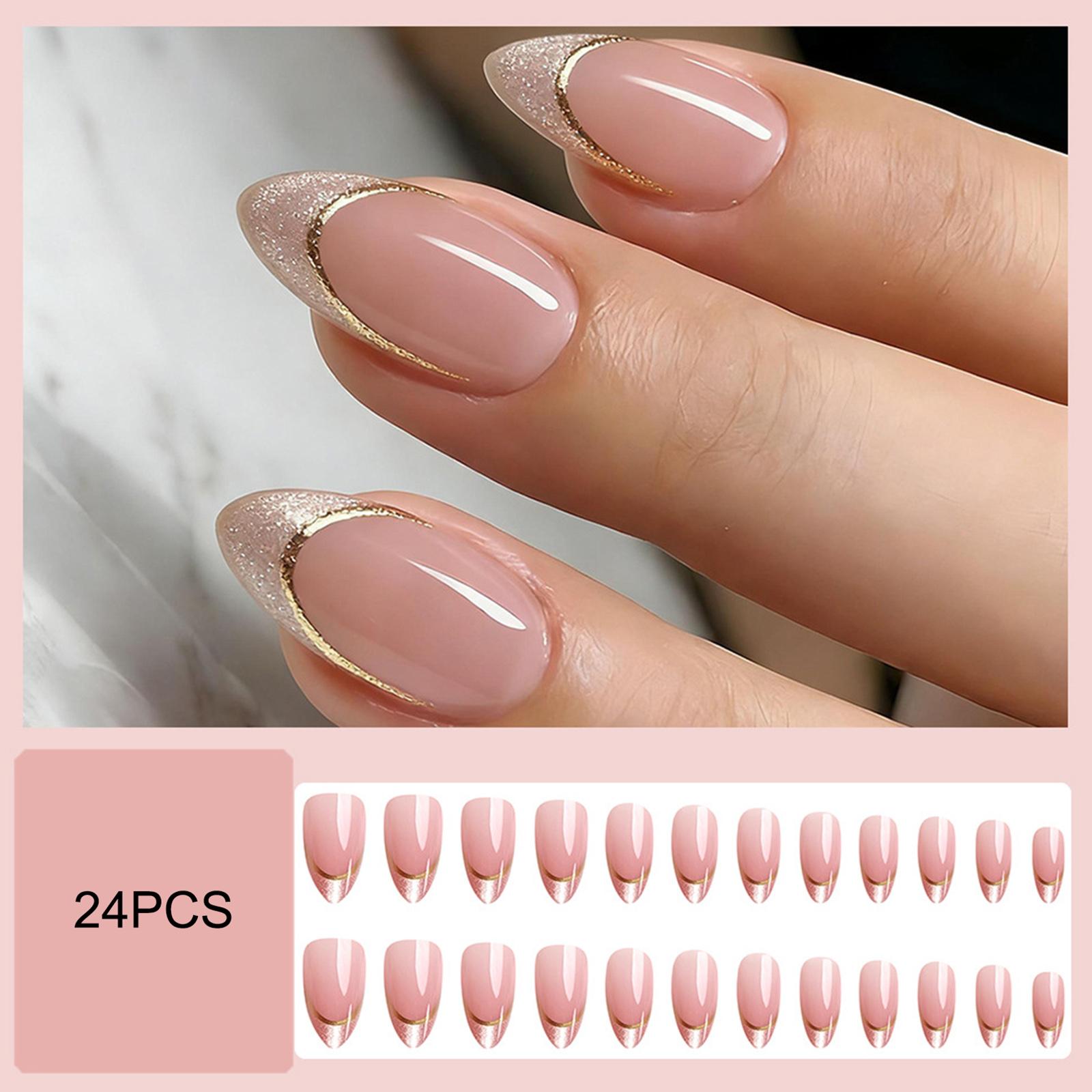 Magnetic Cat-Eye French Press-On Nails 24 Pieces Elegant Gold Edge Design Soft Pink Gold Edge розовый