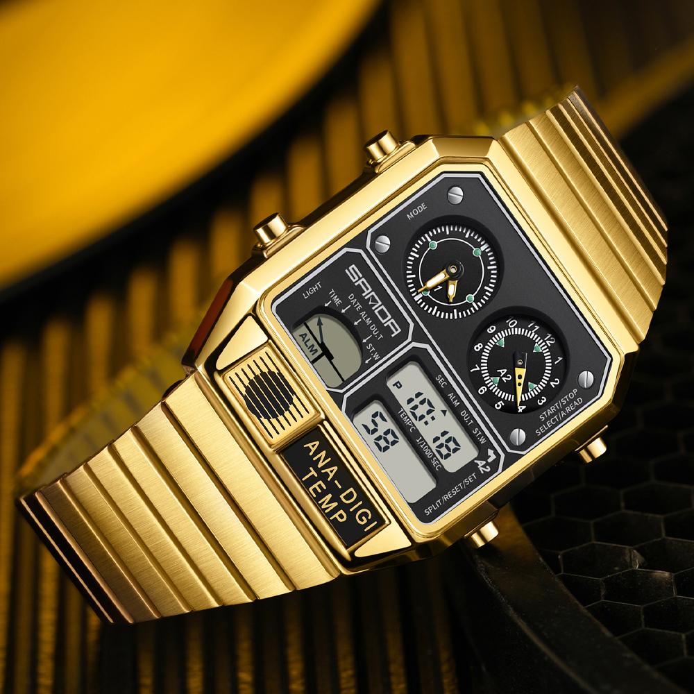 SANDA Electronic Watch Men Square Steel Band Digital Wristwatch Temperature Measurement Stopwatch Timing Multifunctional Watch