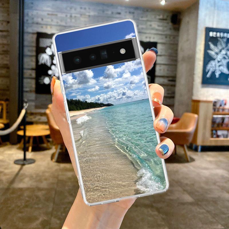 Niebieskie niebo plaża dla Google Pixel 8 7 6 Pro 6A 5 4 5A 4A 3A XL 5G etui na telefon silikonowy odporny na wstrząsy miękki przezroczysty pokrowiec Fundas