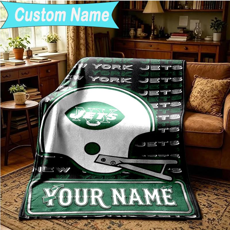 1PC Custom Name Blanket Jets Football Flannel Blankets Patterns Throw Blanket All-Season Soft Gift for Couch, Bed, Camping, Birthday Gifts