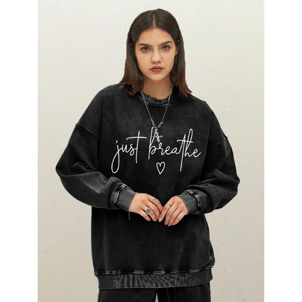 

Just Breathe Love Art Letter Print Women Washed Sportswear Cotton O-Neck Pullover Autumn Casual Sweatshirt Woman Clothes 3XL
