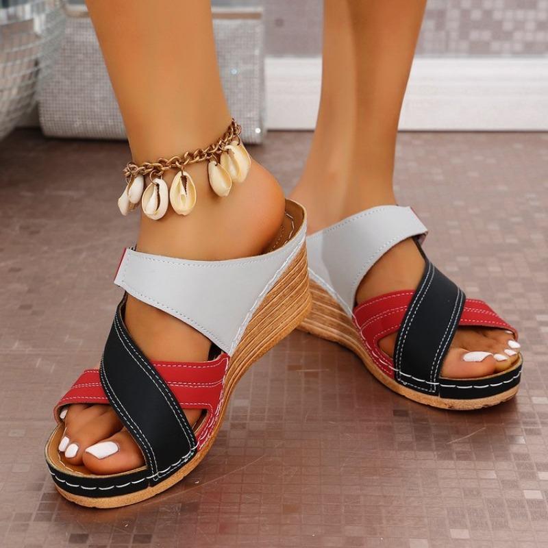 Large size wedge heels slippers women's summer new fashion cross strap color matching sandals women