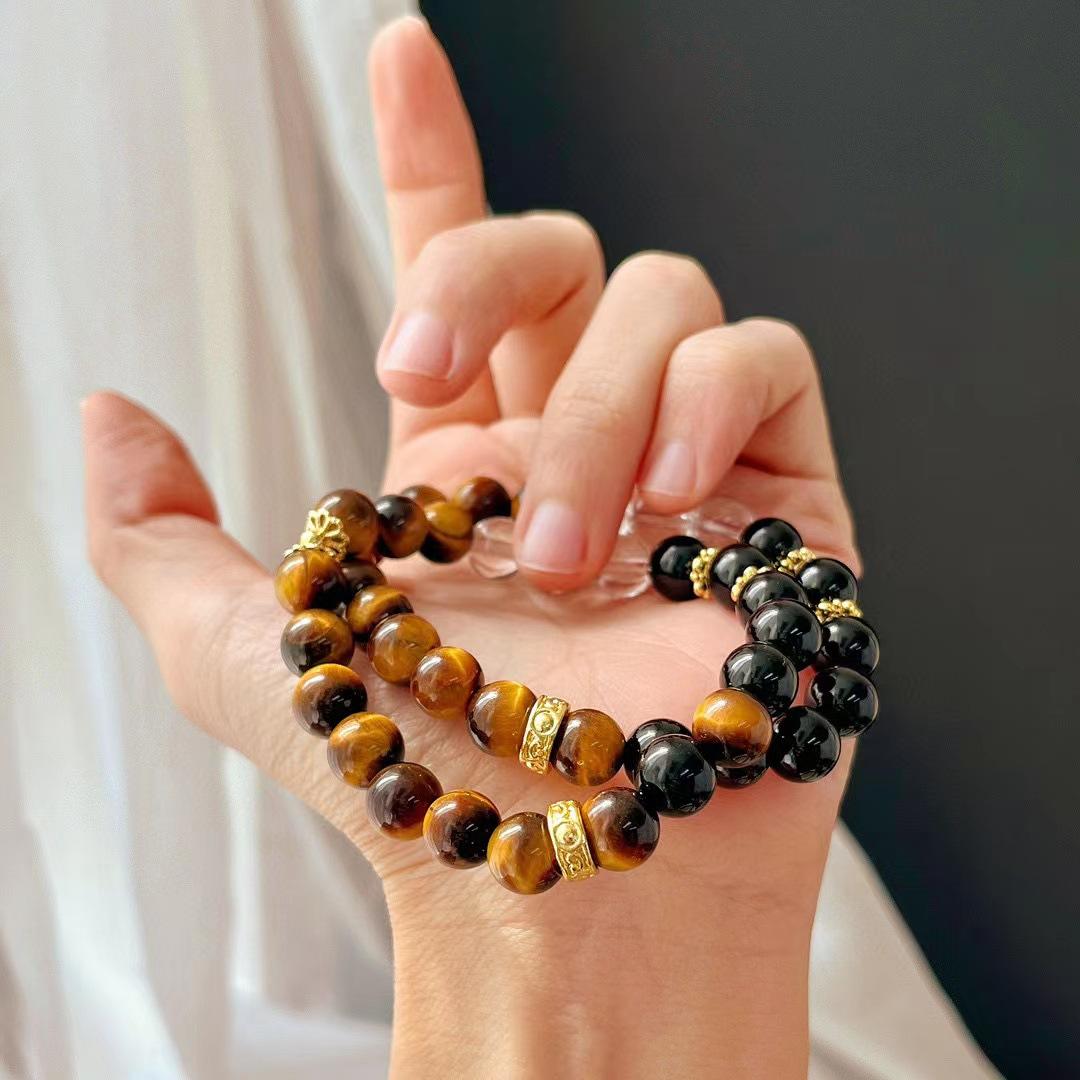 Vintage Maillard Style Natural Tiger S Eye Stone Black Agate White Crystal Bracelet Atmosphere Bracelet