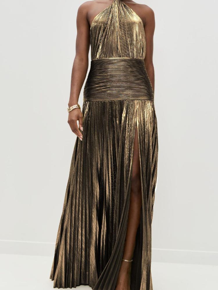 

Женское оливково-зеленое металлическое платье-бодикон с разрезом и вырезом халтер XXL