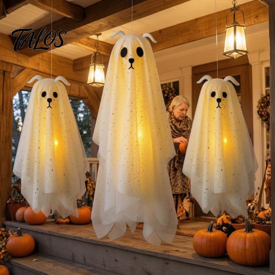 Playful Ghost for Indoor Parties 3 Pcs Lighted Dog Hanging Ornaments, Spooky Halloween Outdoor Flying Yard Ornaments Gauze with LED Light Tree