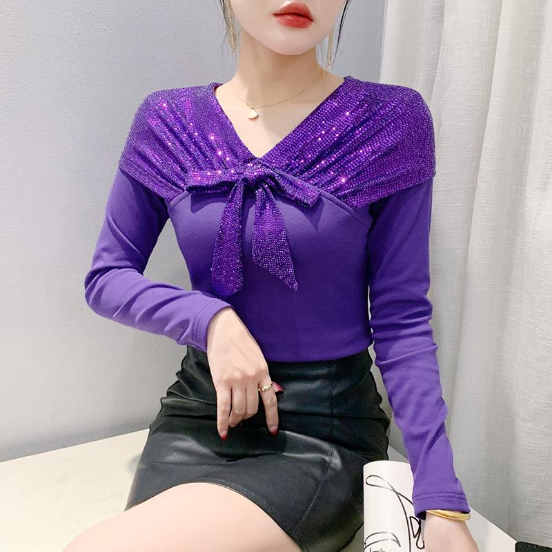 

Новая зимняя футболка с V-образным вырезом и пайетками для женщин, с длинными рукавами и бантом, модная базовая рубашка 3XL