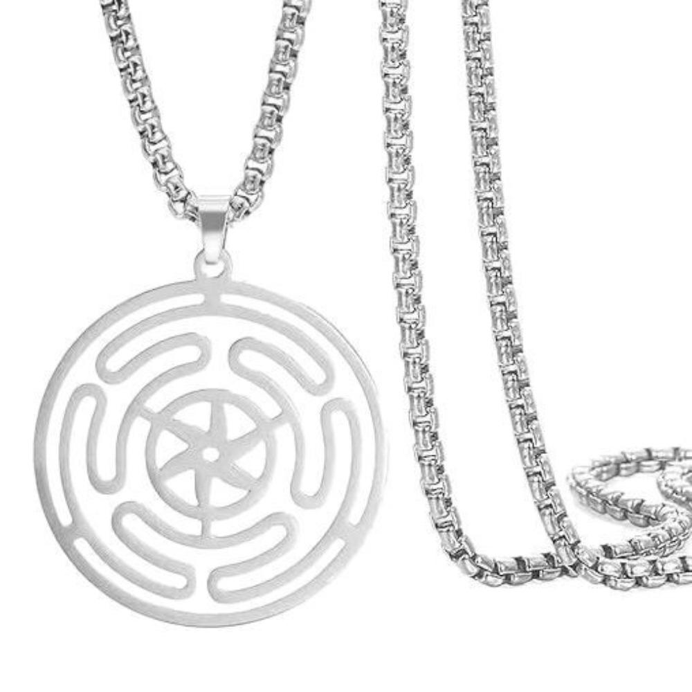 Simple Fashion Stainless Steel Hollowed-out Totem Circular Pendant Necklace for Woman Men Pagan Witchcraft Sweater Chain Jewelry