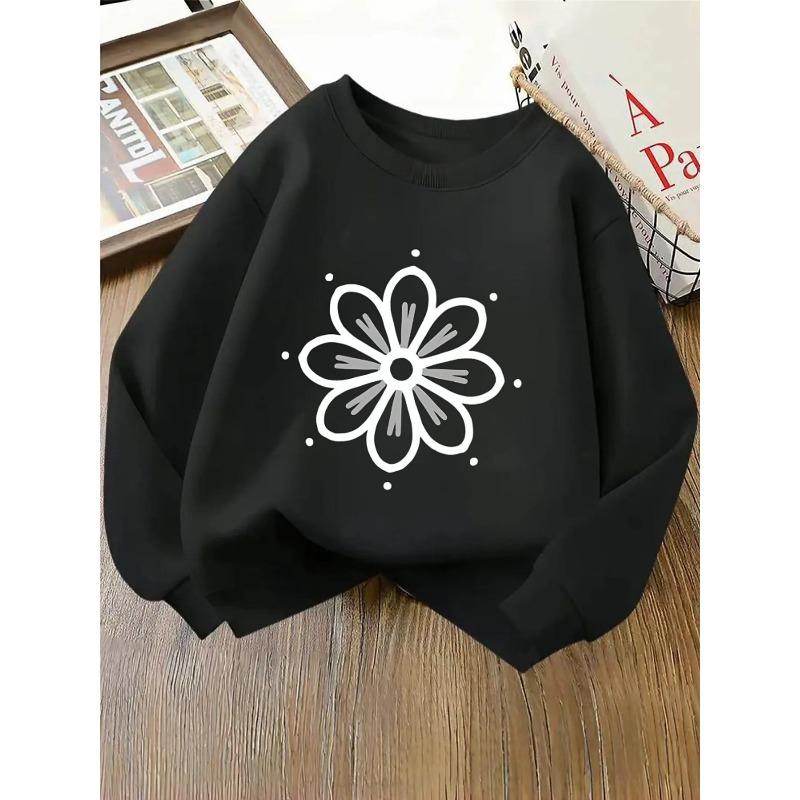European Sizes Kids' Crewneck Sweatshirt - Black Flower with Gray Petals And Dots , Sportswear And Casual Wear, Soft And Comfortable, Clothing