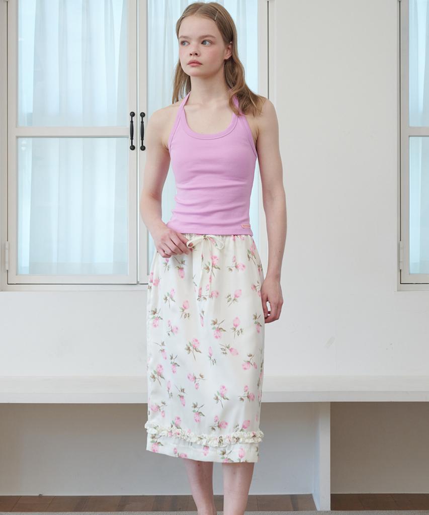Opening Sunshine Frill Midi Satin Skirt Cream Flower
