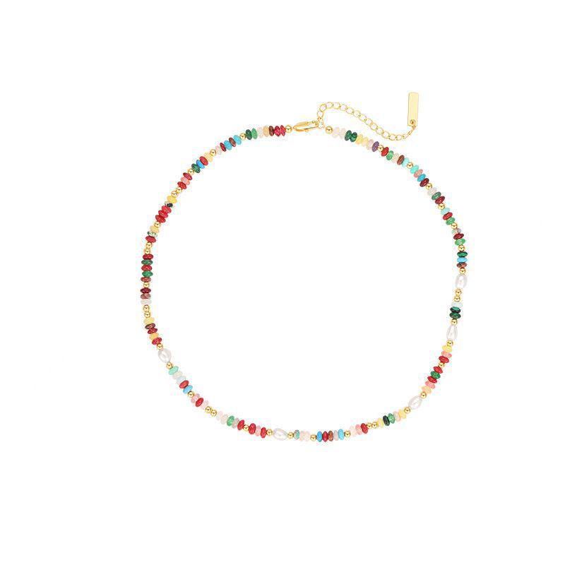Niche Colorful Stone & Freshwater Pearl Necklace - Summer Fashion Statement Jewelry