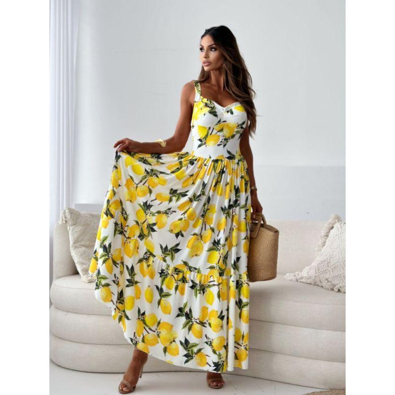 Sweet Summer New Arrival Fashion Wind V-neck Sexy Backless Slim Fit A- Line Printed Slim Looking Sling Dress Long Dress for Women