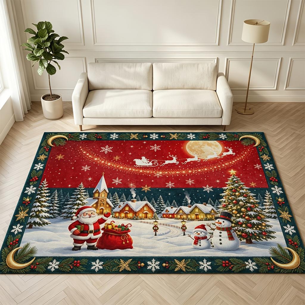 1pc 2D Flat Red Dark Green Xmas Area Rug, Machine Washable Pet-Friendly Mat for Living Room, Bedroom & Hallway