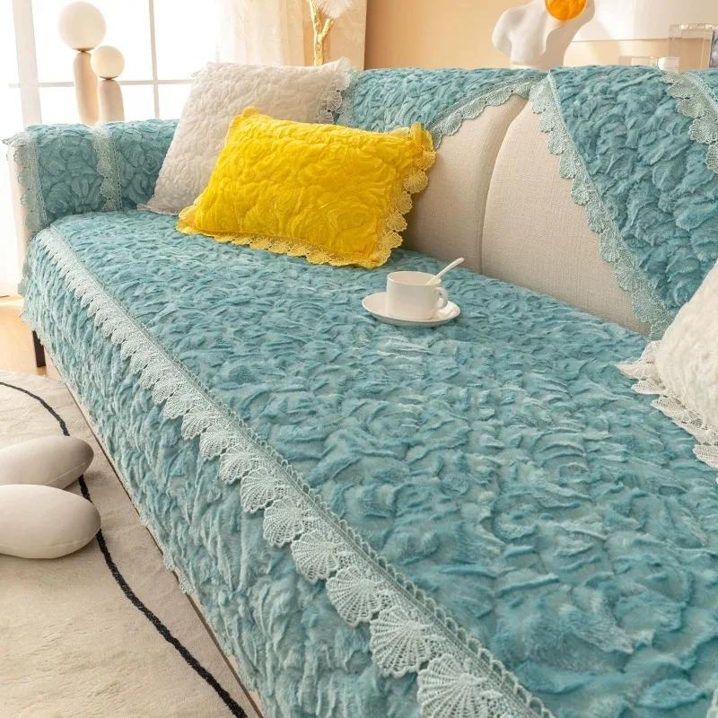 Modern Plush Sofa Cushions Winter Lace Flannel Sofa Cover Four Seasons Solid Color Non-slip Sofa Cover For1/2/3 Seat Sofas Decor