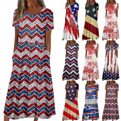 Women's Summer Casual Fashion Independence Day Printed Short Sleeve Round Neck Pocket Dress