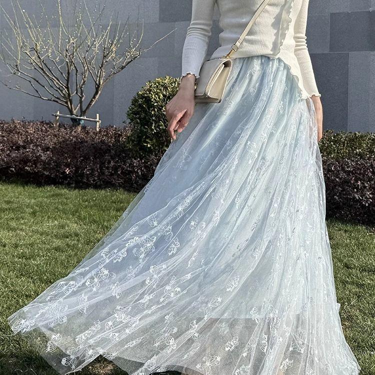 Fustă Midi A-Line din Tul cu Talie Înaltă pentru Femei, Primăvară/Vară - Croială Slim-Fit cu Broderie Fluturi, Imprimeu Floral și Estetică Dulce de Zână