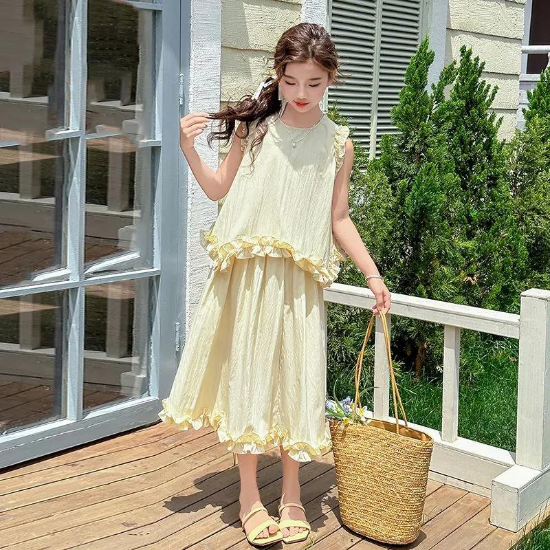 Summer Children Clothing Sets for Girls Fashion Sleeveless Tops + Long Skirt Outfits Lotus Leaf Edge Suit for Kids Clothes 5-14Y
