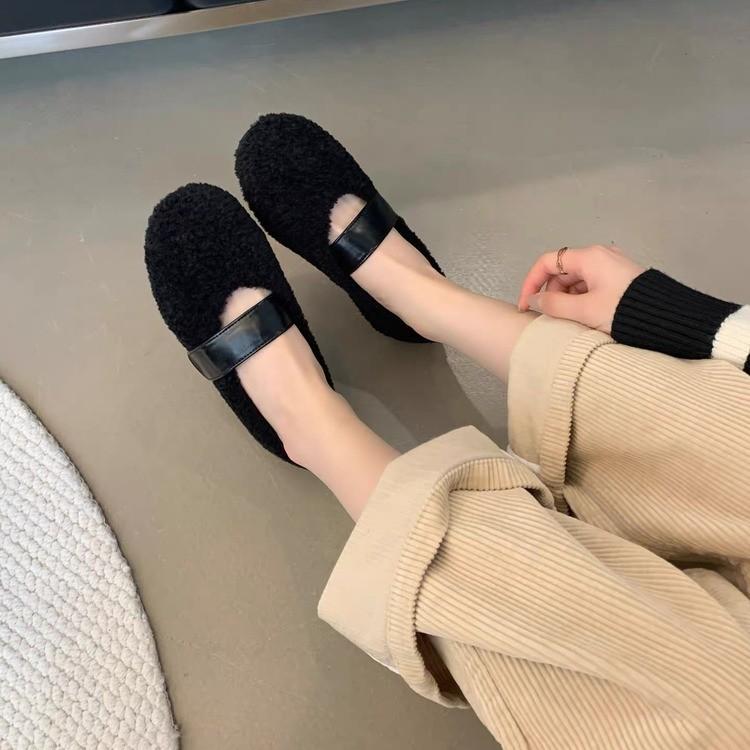 Fashion Designer Autumn Women Comfortable Warm Fur Shoes Fashion Shallow Slip on Ladies Flats Shoes Round Toe Women's Mary Jane Shoes