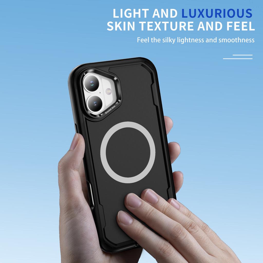 For iPhone 16 Case Compatible with MagSafe Lens Frame Kickstand TPU + PC Shockproof Phone Cover